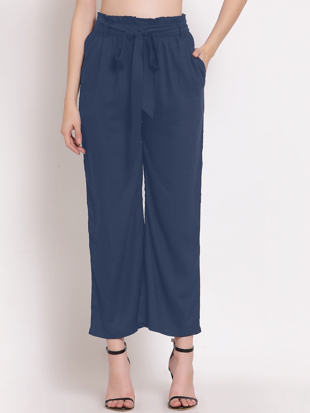 

PATRORNA Women Grey Smart Loose Fit Pleated Parallel Trousers, Blue