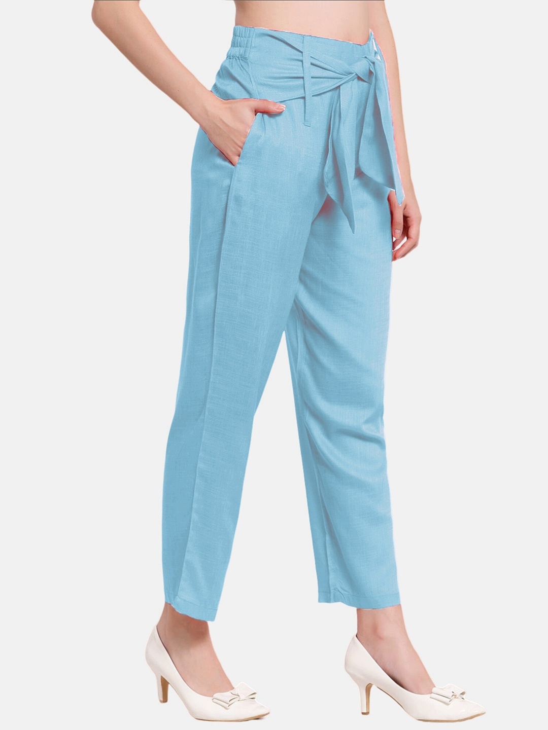 

PATRORNA Women Blue Smart Pleated Trousers