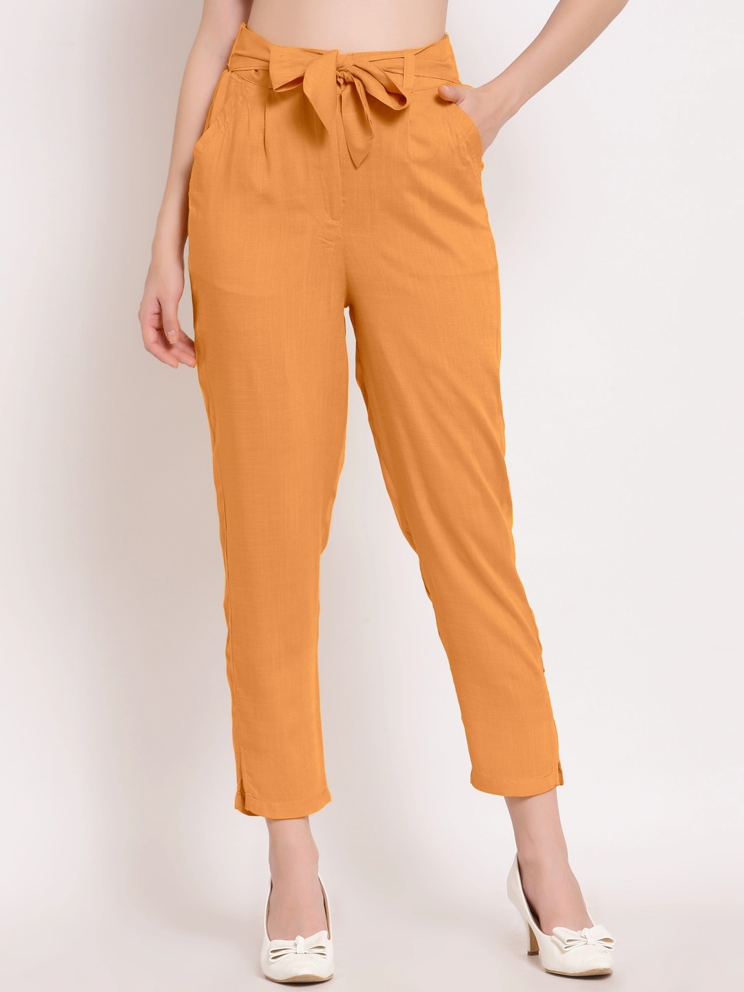 

PATRORNA Women Smart Slim Fit Pleated Trousers, Peach