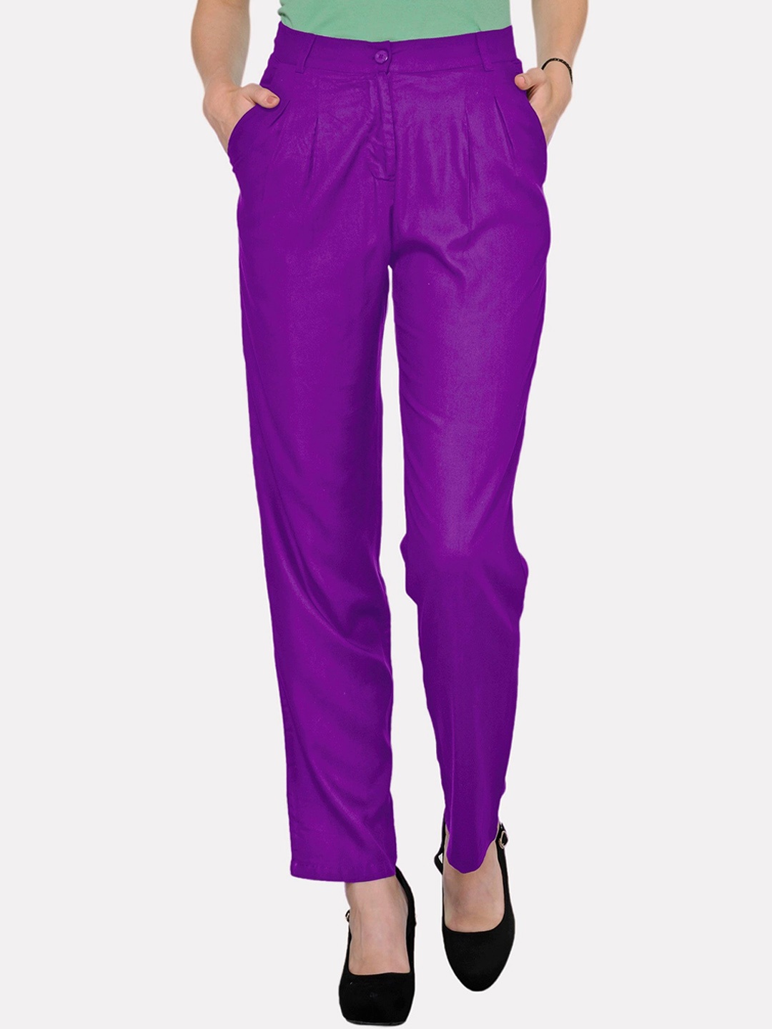 

PATRORNA Women Smart Mid Rise Plain Straight Fit Pleated Trousers, Purple