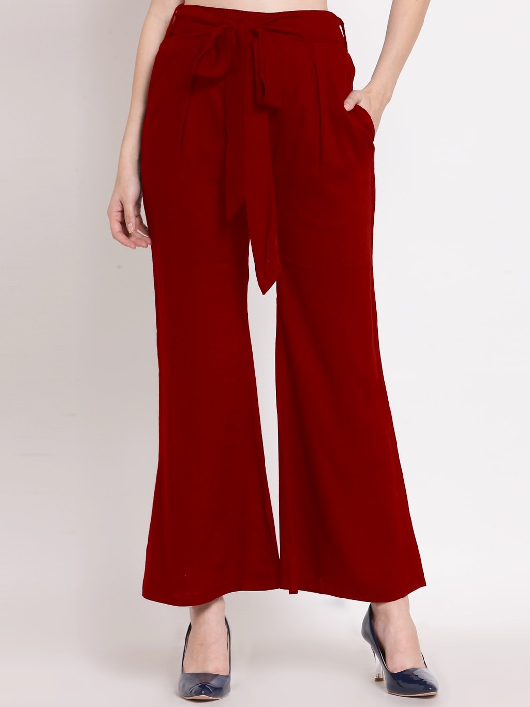 

PATRORNA Women Smart Mid Rise Plain Tapered Fit Pleated Parallel Trousers, Maroon