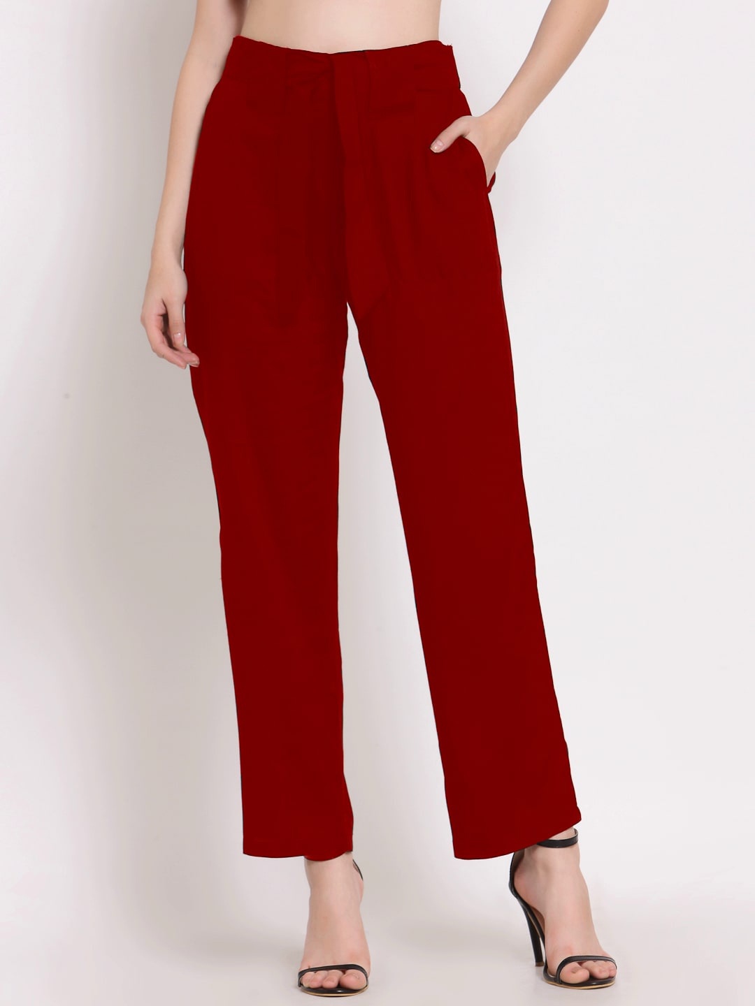 

PATRORNA Women Smart Straight Fit Parallel Trousers, Maroon