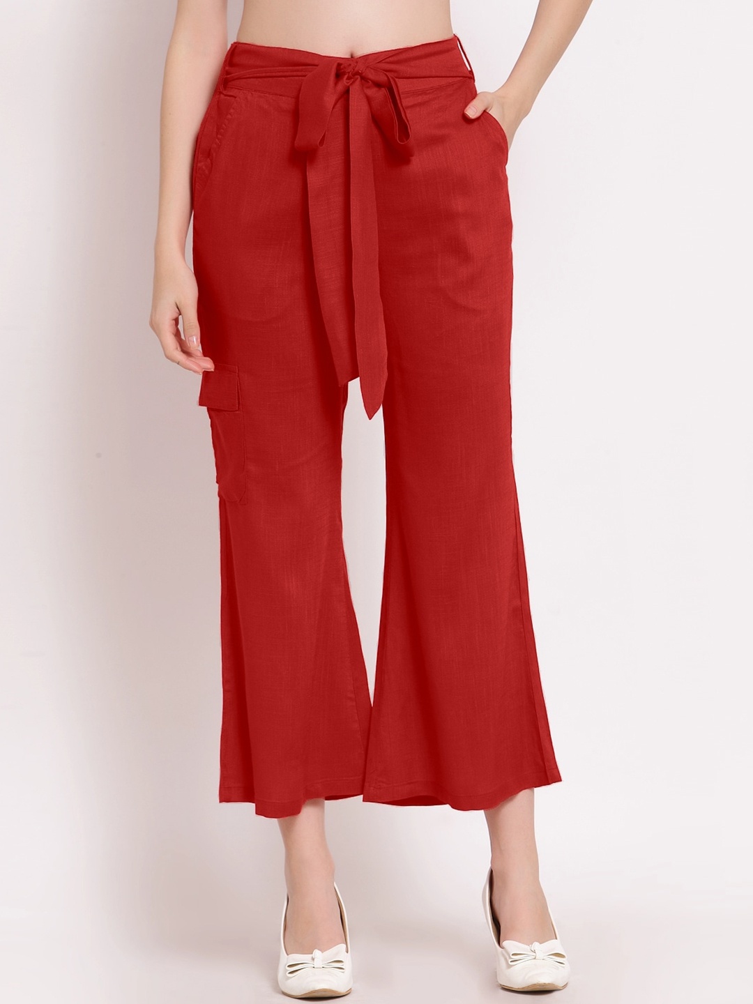 

PATRORNA Women Smart Mid-Rise Parallel Trousers, Maroon