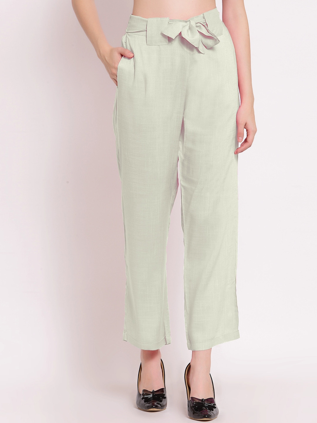 

PATRORNA Women Smart Straight Fit Mid-Rise Parallel Trousers, Off white