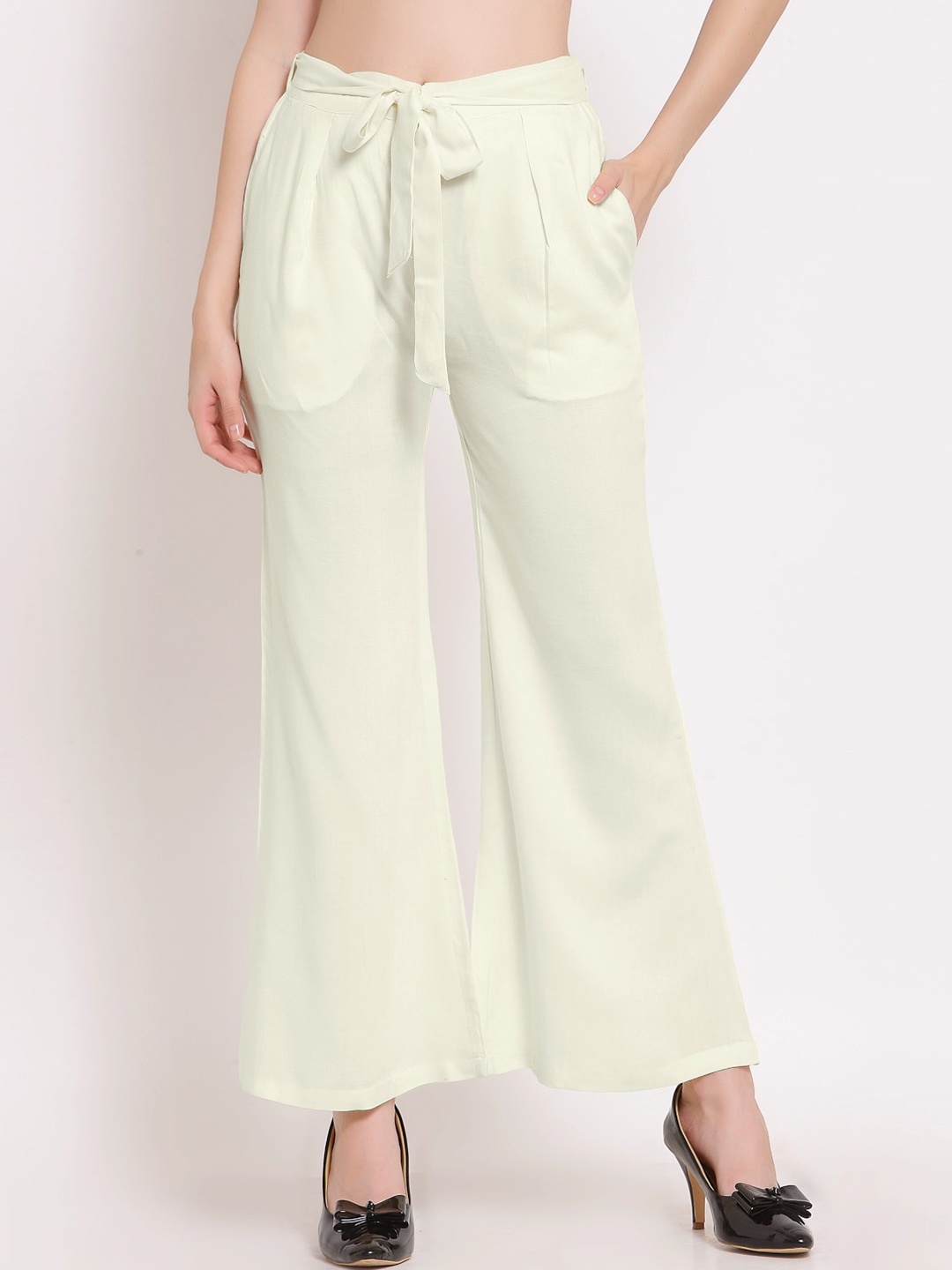 

PATRORNA Women Smart Tapered Fit Pleated Parallel Trousers, Off white