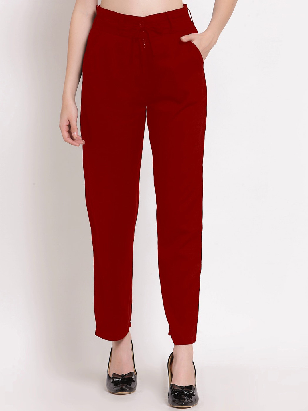 

PATRORNA Women Smart Mid Rise Regular Trousers, Maroon