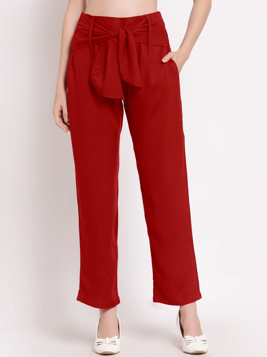 

PATRORNA Women Smart Fit Parallel Trousers, Maroon