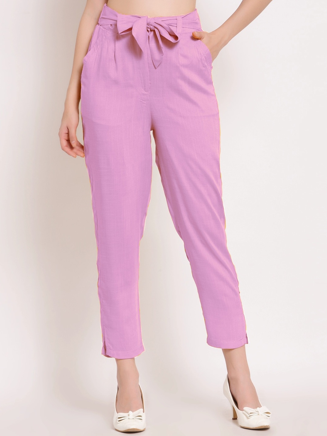 

PATRORNA Women Smart Slim Fit Pleated Cigarette Trousers, Pink