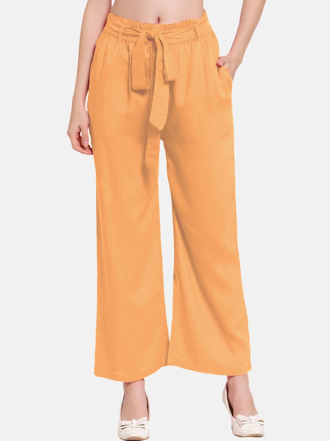 

PATRORNA Women Mid-Rise Smart Loose Fit Pleated Parallel Trousers, Peach
