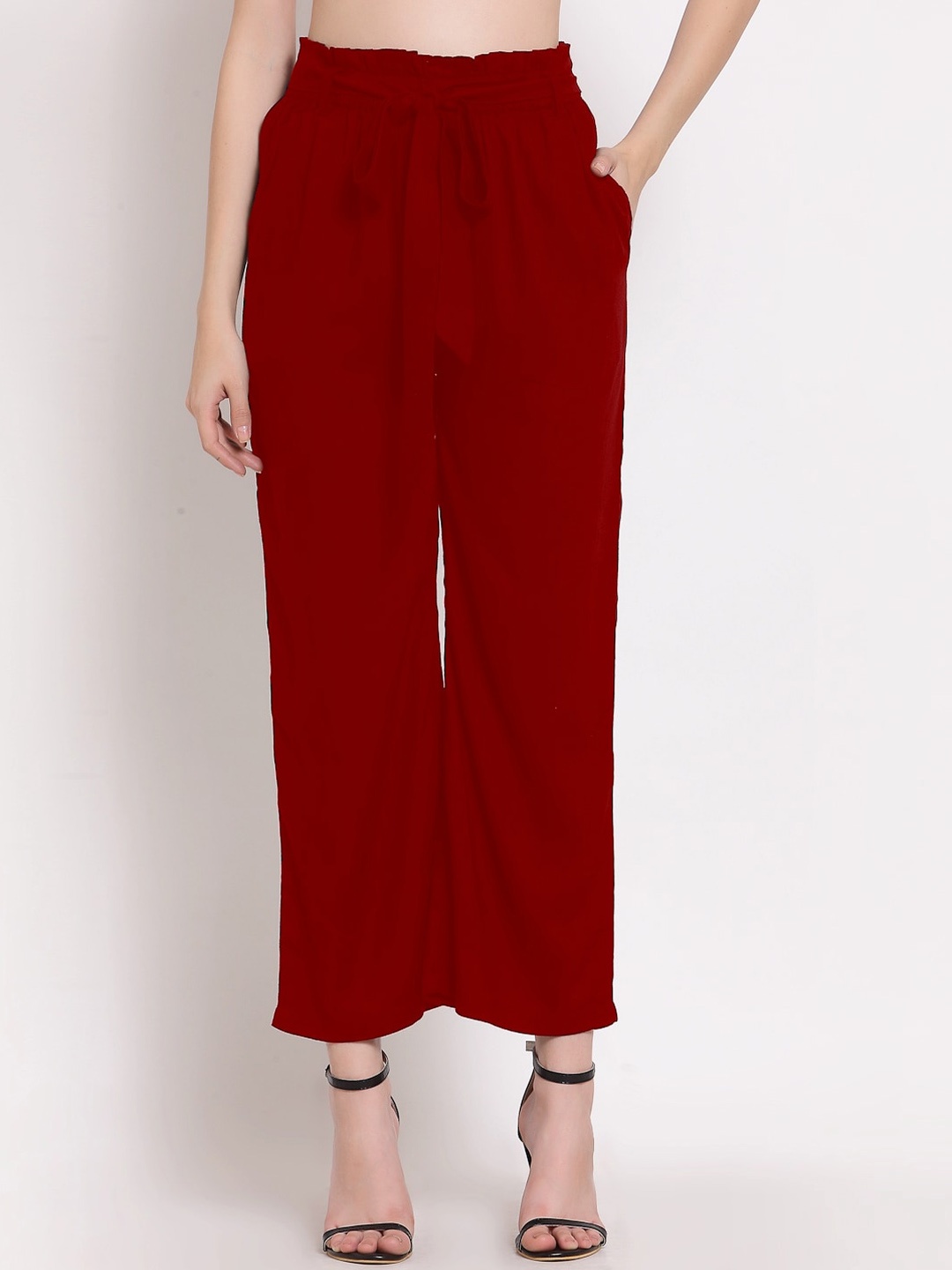 

PATRORNA Women Mid-Rise Smart Loose Fit Parallel Trousers, Maroon