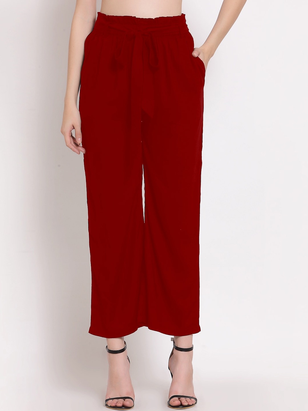 

PATRORNA Women Mid-Rise Smart Loose Fit Parallel Trousers, Maroon