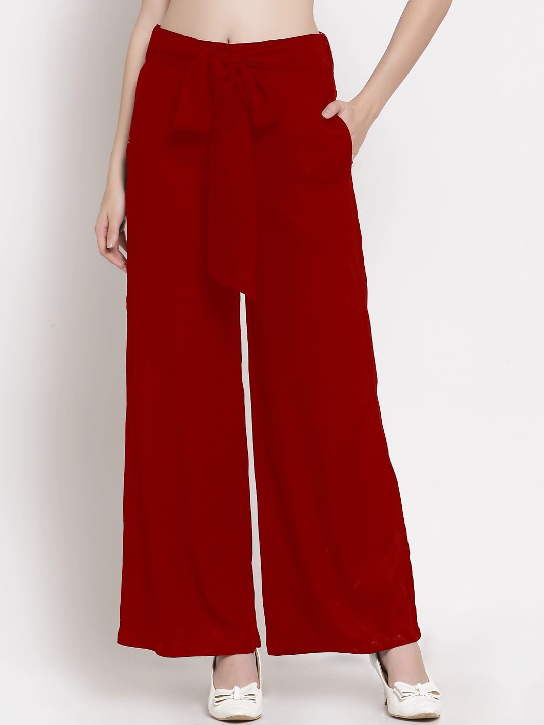 

PATRORNA Women Mid-Rise Smart Loose Fit Cotton Parallel Trousers, Maroon