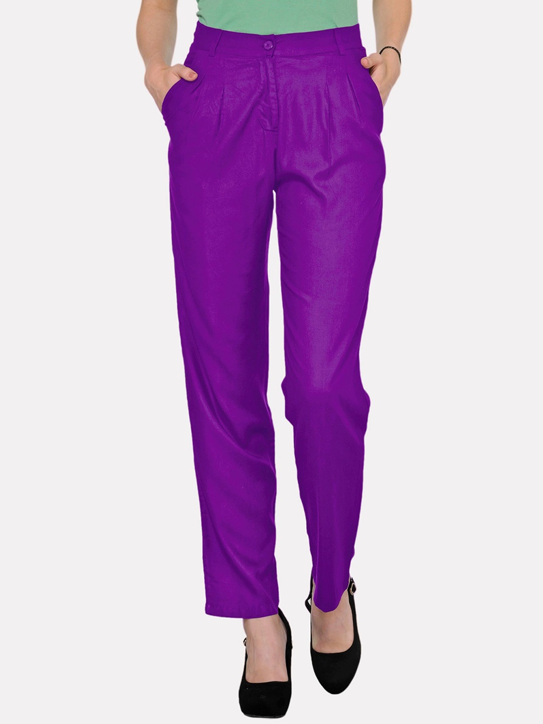 

PATRORNA Women Smart Straight Fit Pleated Cotton Trousers, Purple