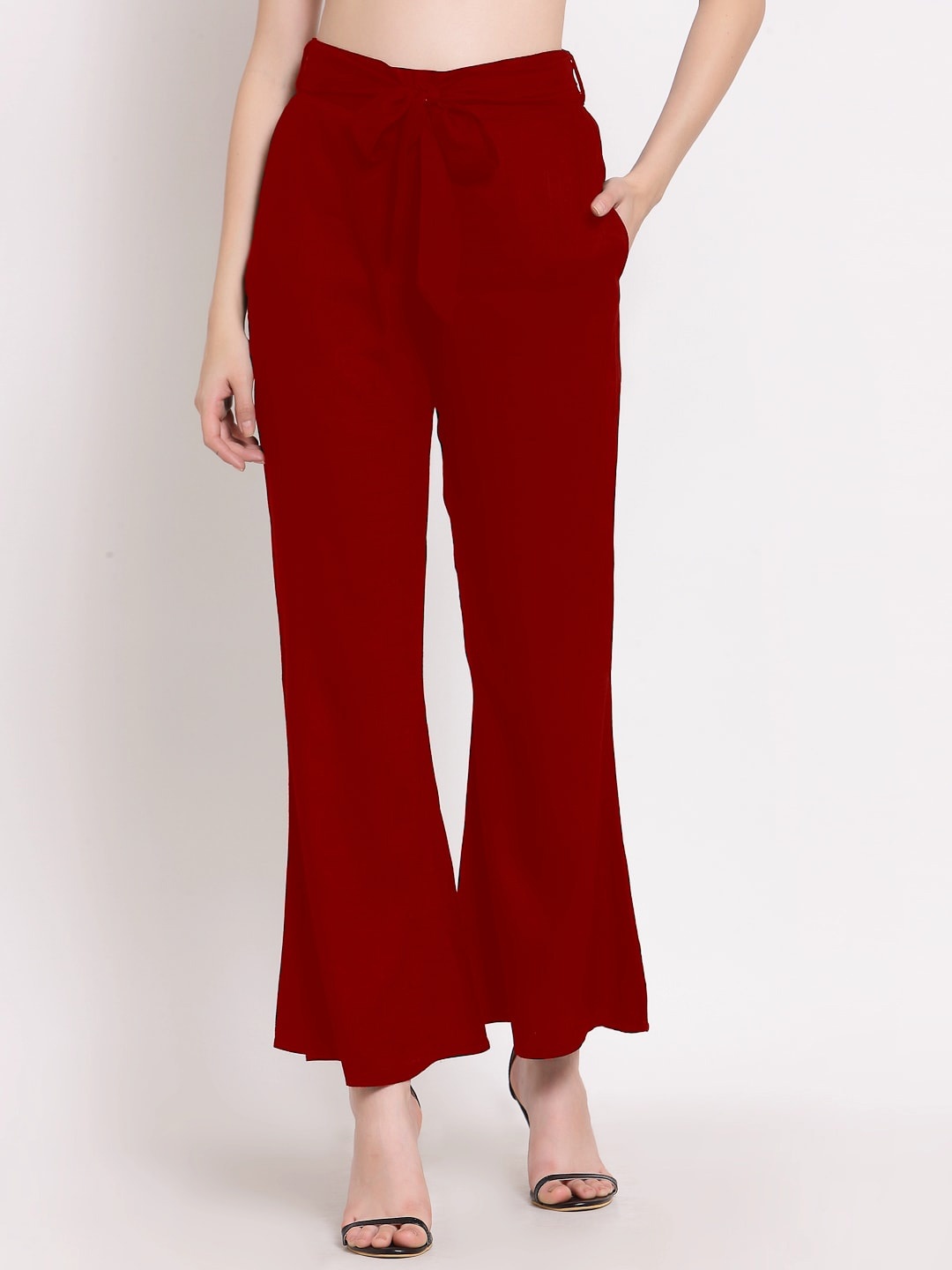 

PATRORNA Women Smart Pleated Cotton Bootcut Trousers, Maroon