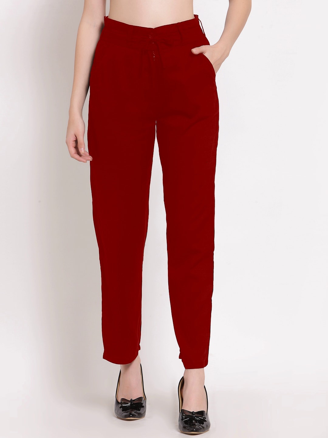 

PATRORNA Women Smart Mid Rise Cotton Trousers, Maroon