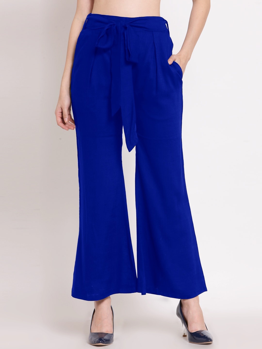 

PATRORNA Women Smart Tapered Fit Pleated Cotton Culotte Trousers, Blue