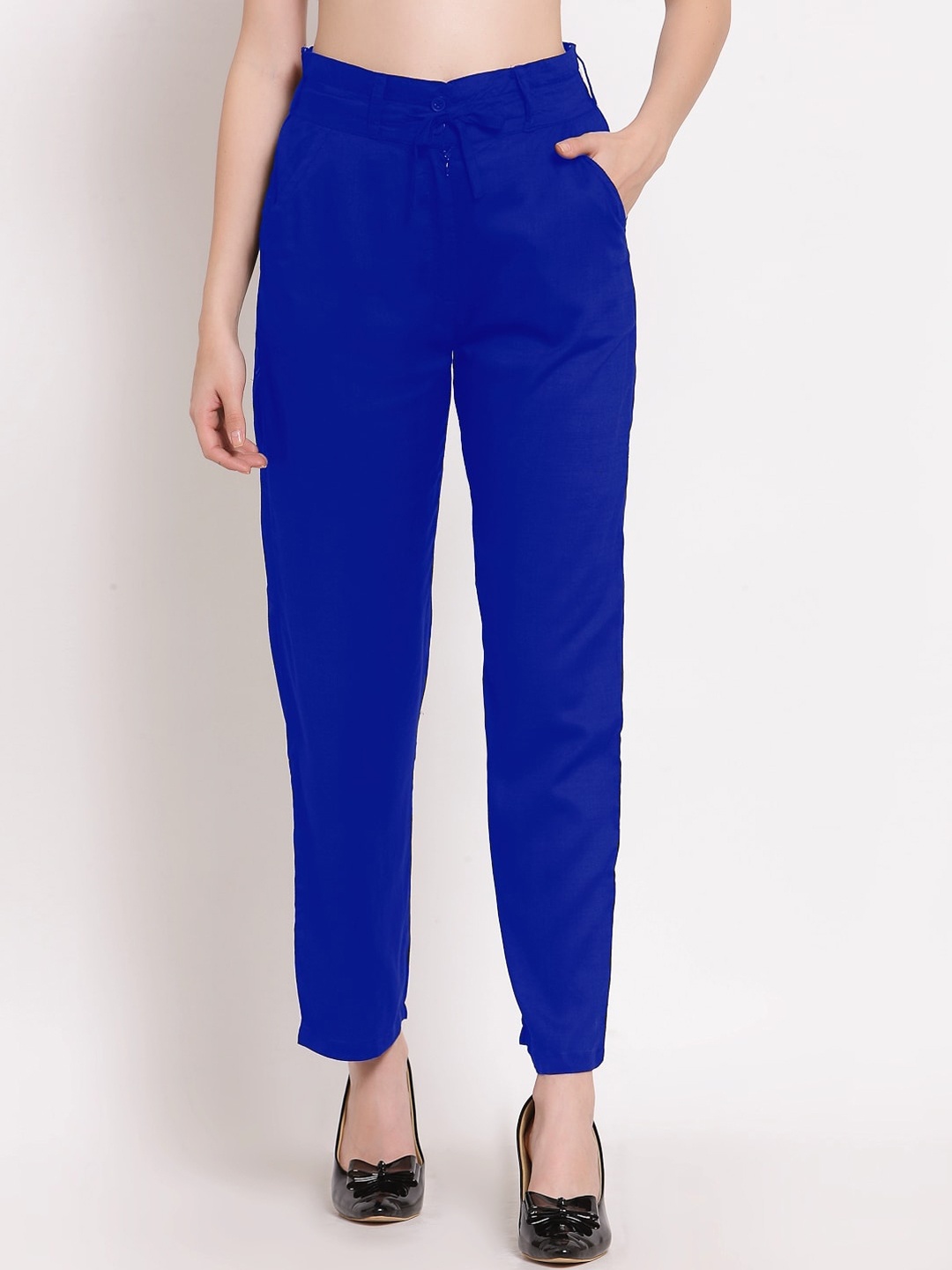 

PATRORNA Women Smart Mid Rise Cotton Trousers, Blue