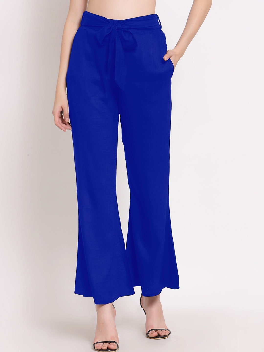

PATRORNA Women Smart Pleated Cotton Bootcut Trousers, Blue
