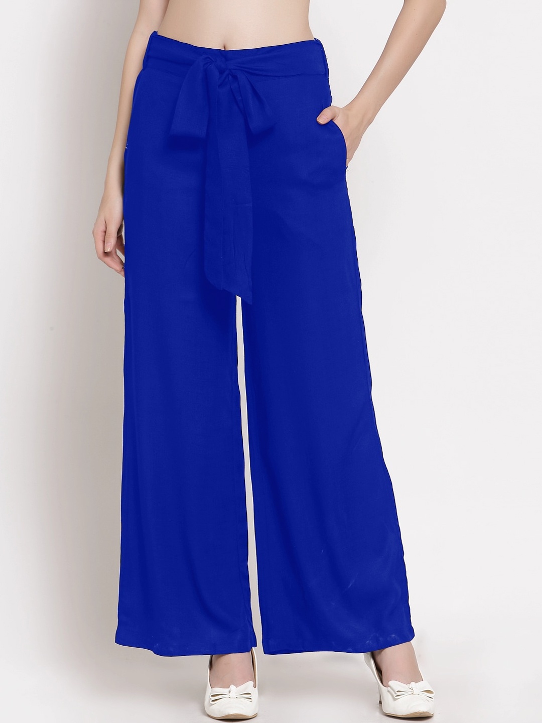 

PATRORNA Women Mid-Rise Smart Loose Fit Plain Parallel Trousers, Blue