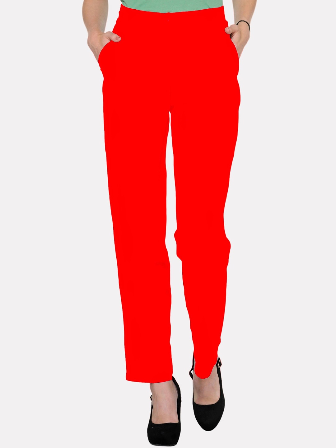 

PATRORNA Women Smart Straight Fit Cotton Trousers, Red