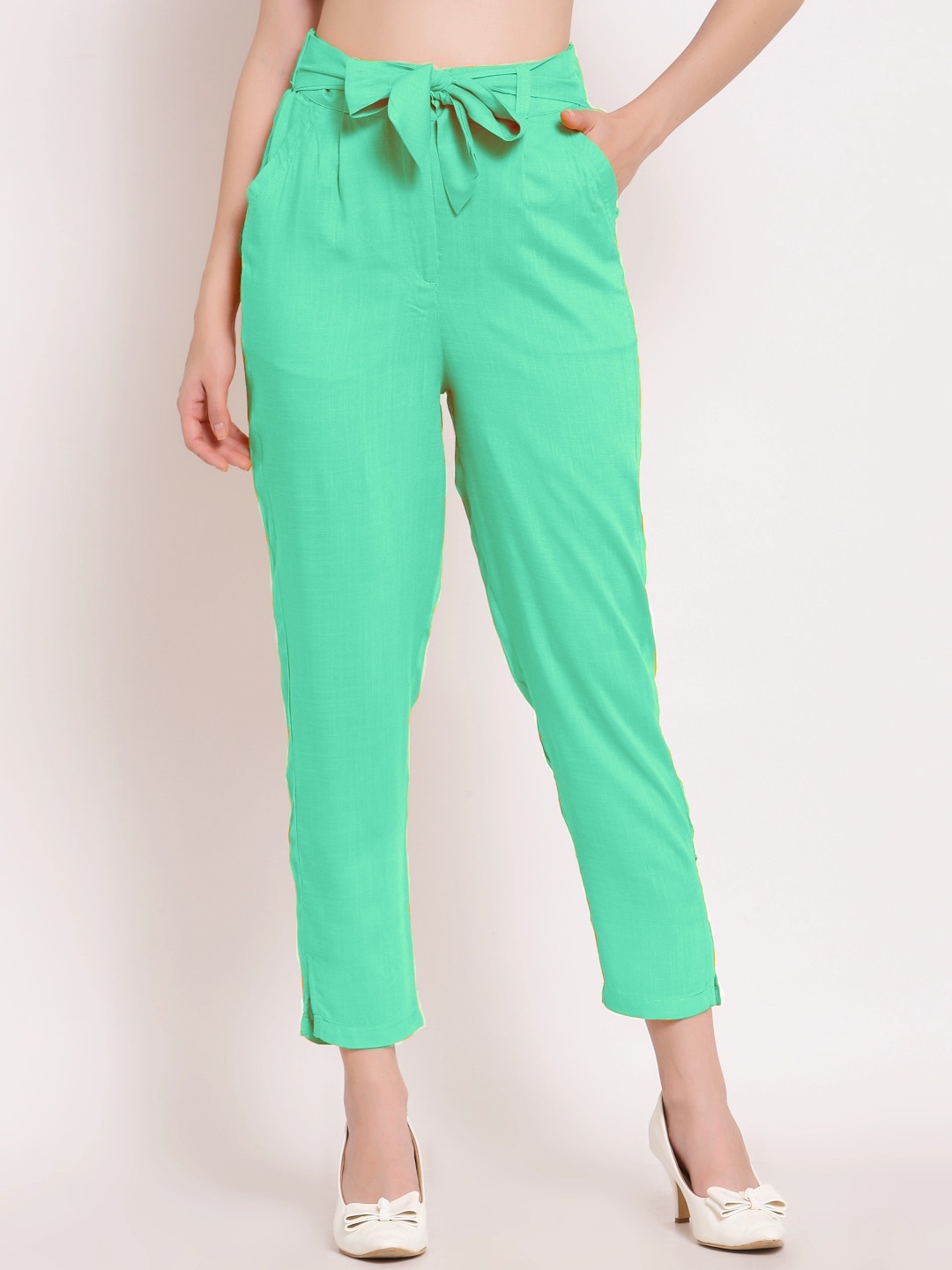 

PATRORNA Women Smart Slim Fit Pleated Cigarate Trousers, Green