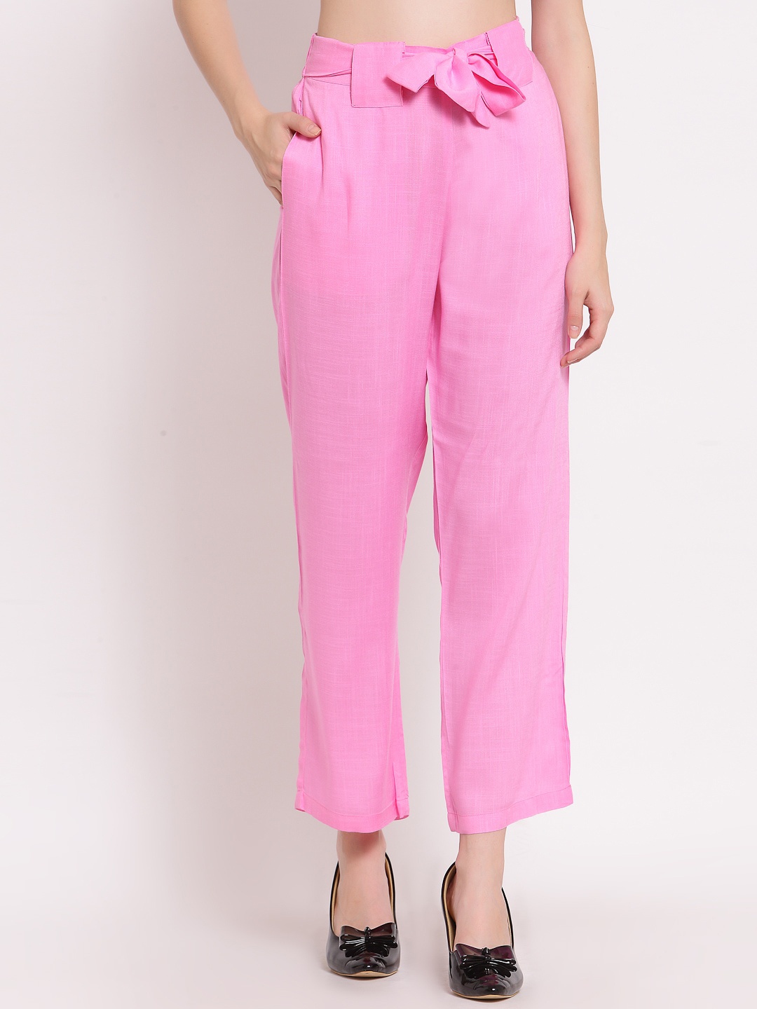 

PATRORNA Women Smart Straight Fit Pleated Cotton Culotte Trousers, Pink