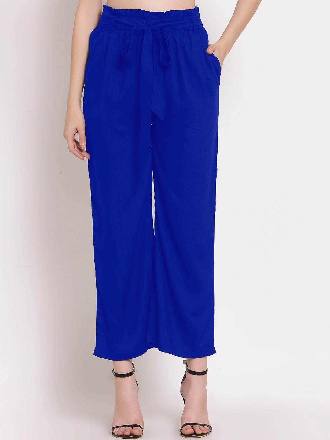 

PATRORNA Women Mid-Rise Smart Loose Fit Pleated Plain Parallel Trousers, Blue