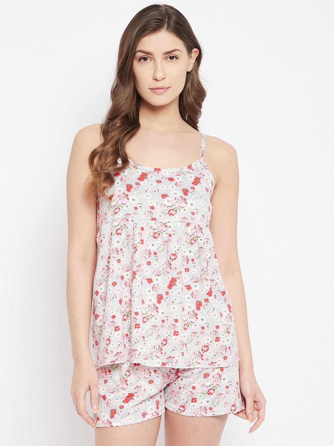 

Camey Floral Printed Night suit, Grey