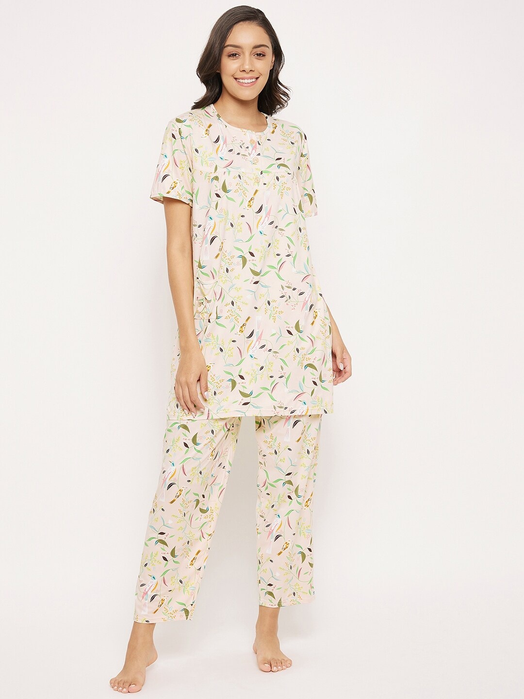 

Camey Floral Printed Night suit, Beige