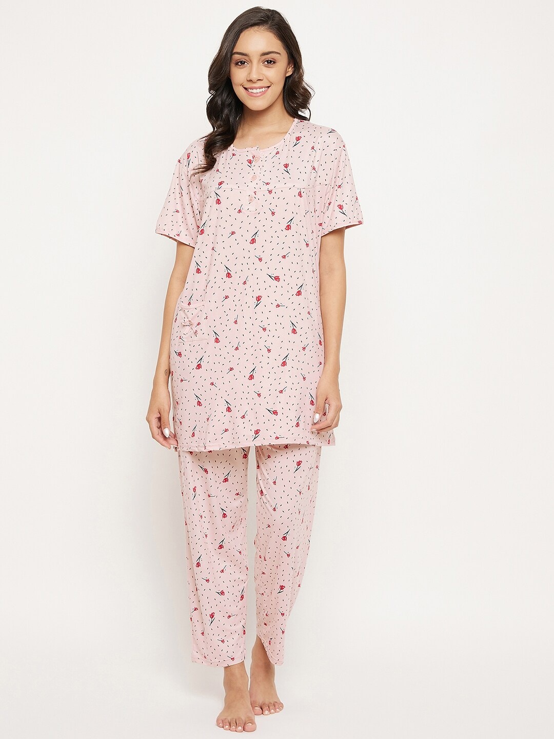 

Camey Floral Printed Night suit, Peach