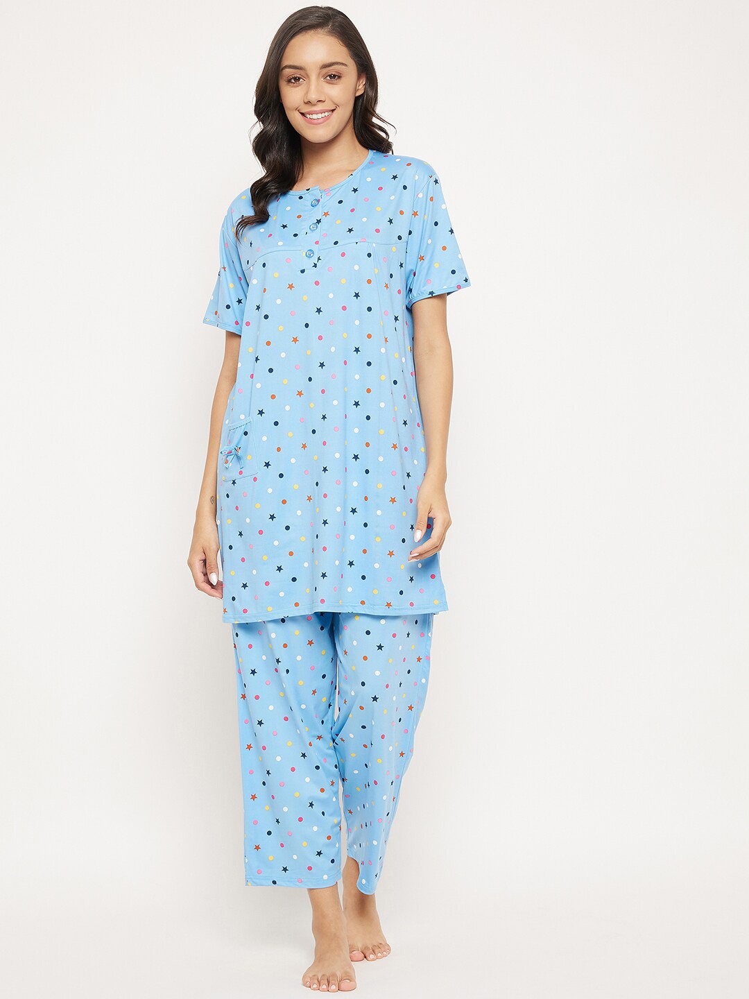 

Camey Geometric Printed Night suit, Blue