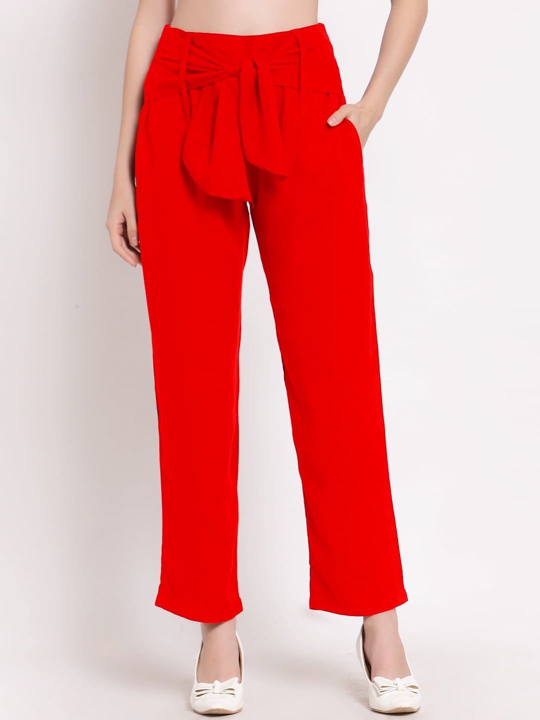 

PATRORNA Women Mid-Rise Smart Plain Peg Trousers, Red