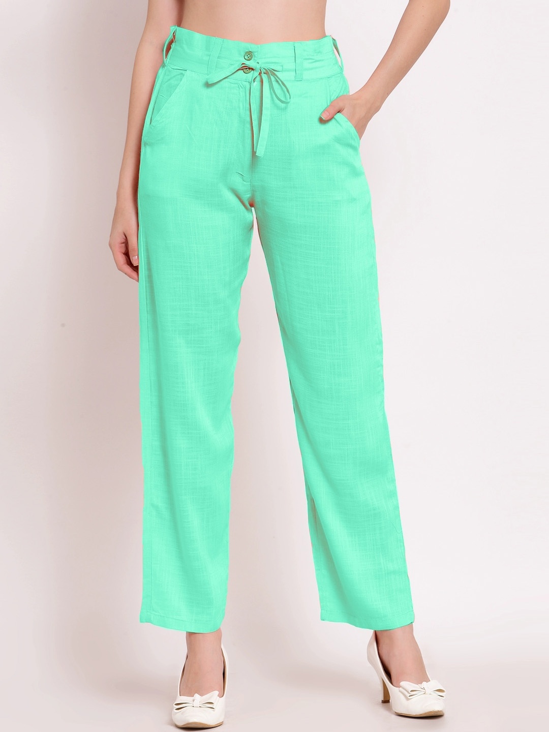 

PATRORNA Women Smart Mid-Rise Trousers, Green