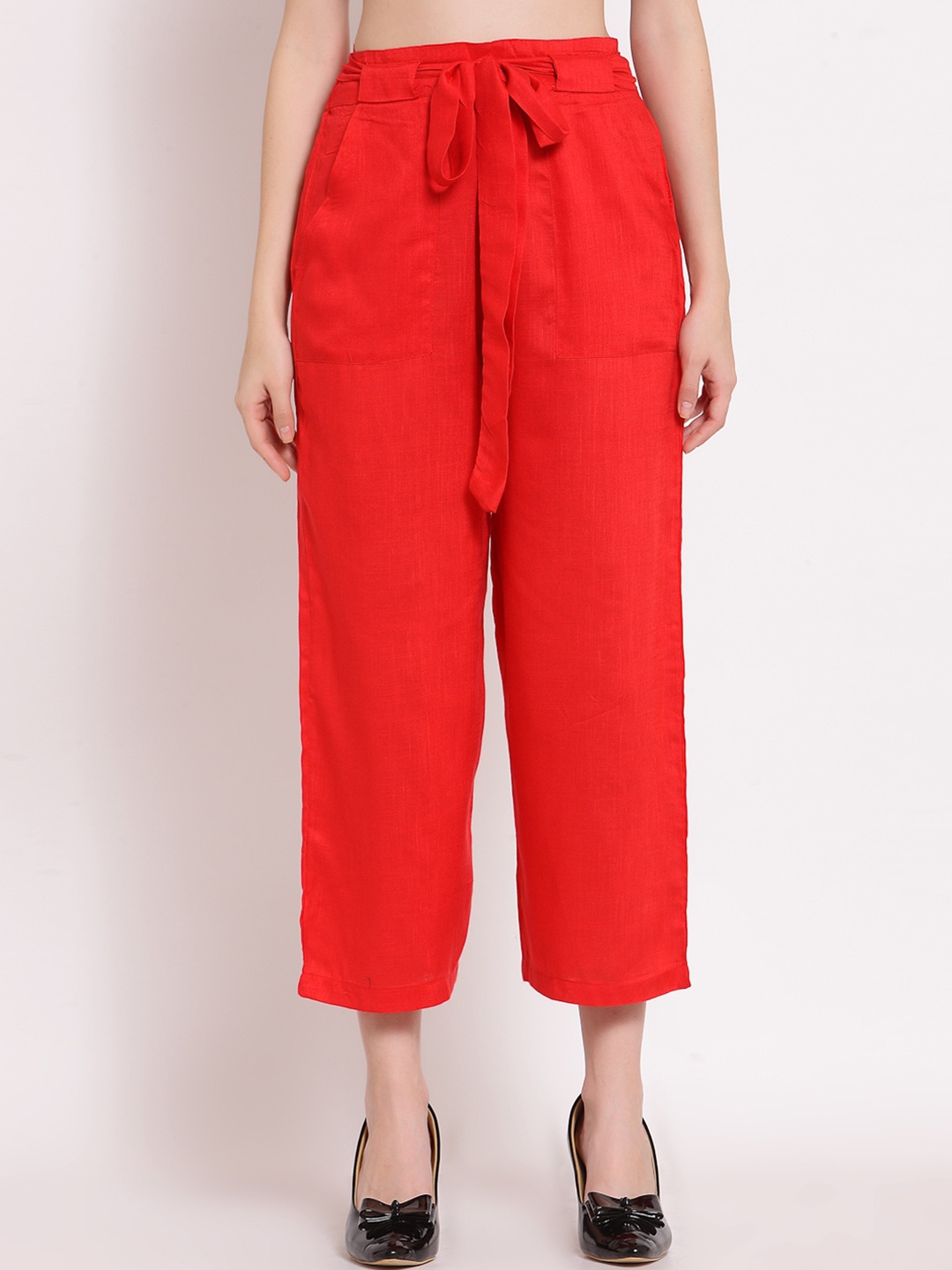 

PATRORNA Women Smart Mid-Rise Parallel Trousers, Red