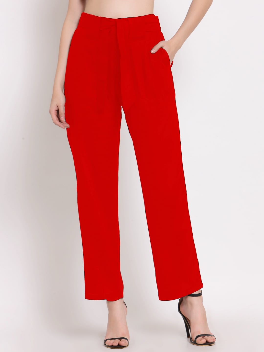 

PATRORNA Women Smart Straight Fit Trousers, Red