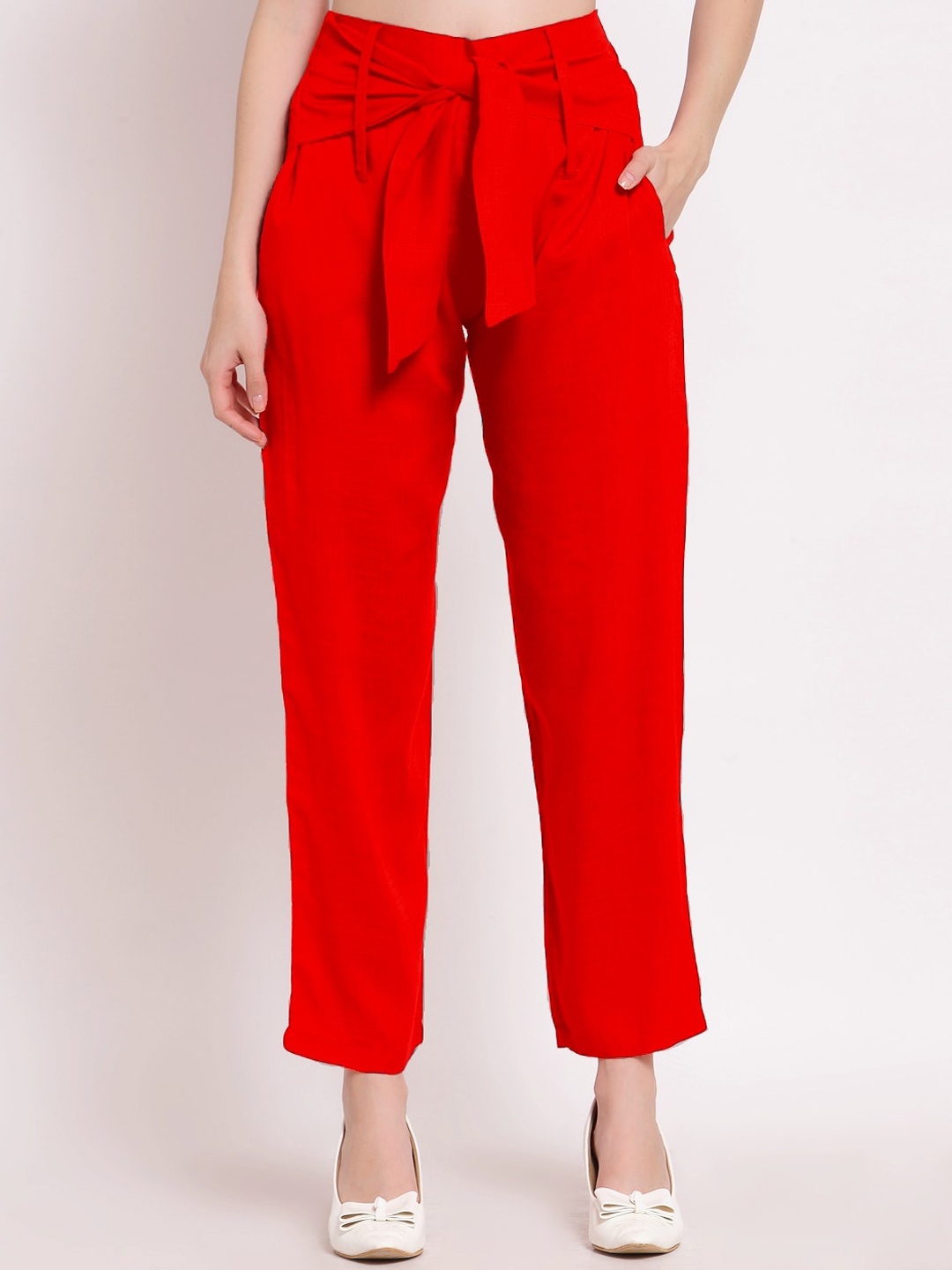 

PATRORNA Women Mid-Rise Smart Fit Pleated Trousers, Red