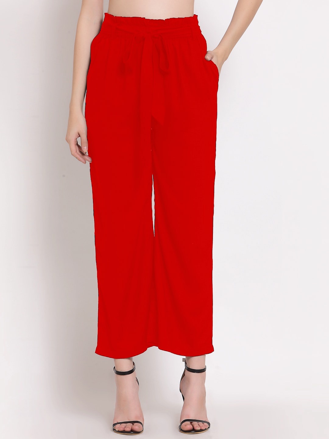 

PATRORNA Women Smart Loose Fit Trousers With Belt, Red