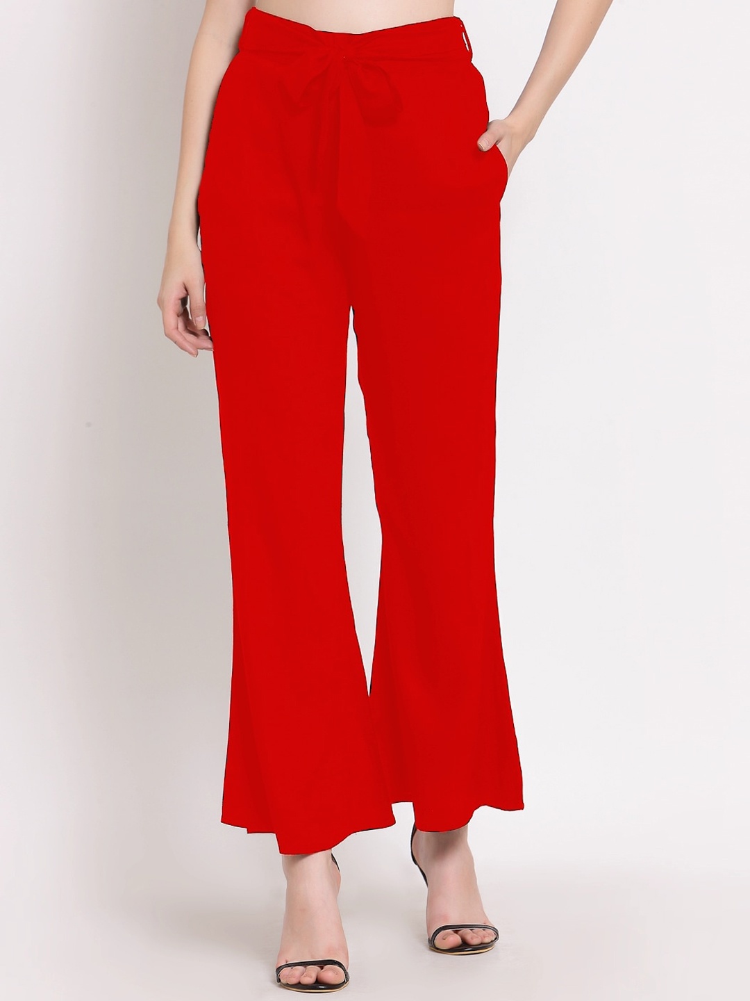 

PATRORNA Women Smart Mid-Rise Bootcut Trousers, Red