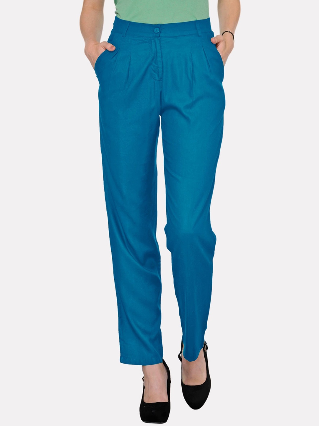 

PATRORNA Women Smart Mid Rise Plain Straight Fit Pleated Trousers, Blue