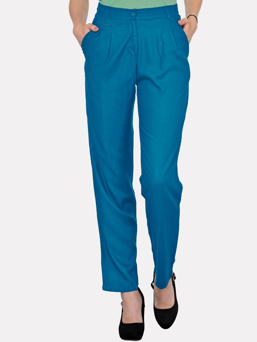 

PATRORNA Women Smart Straight Fit Pleated Trousers, Blue