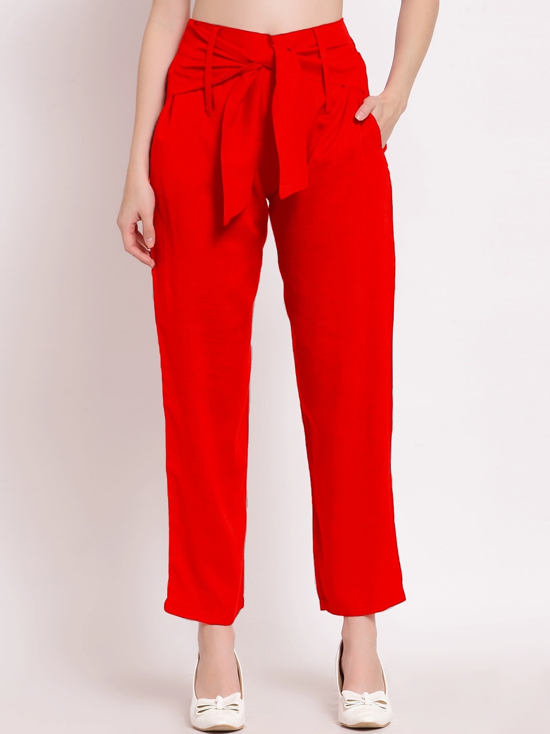 

PATRORNA Women Smart Mid-Rise Pleated Trousers, Red