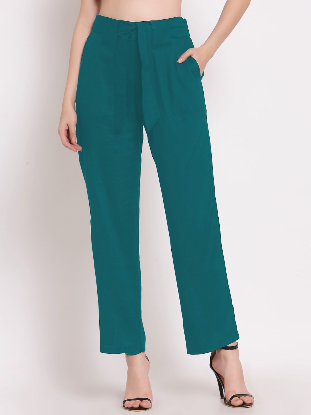 

PATRORNA Women Mid-Rise Smart Straight Fit Trousers, Green