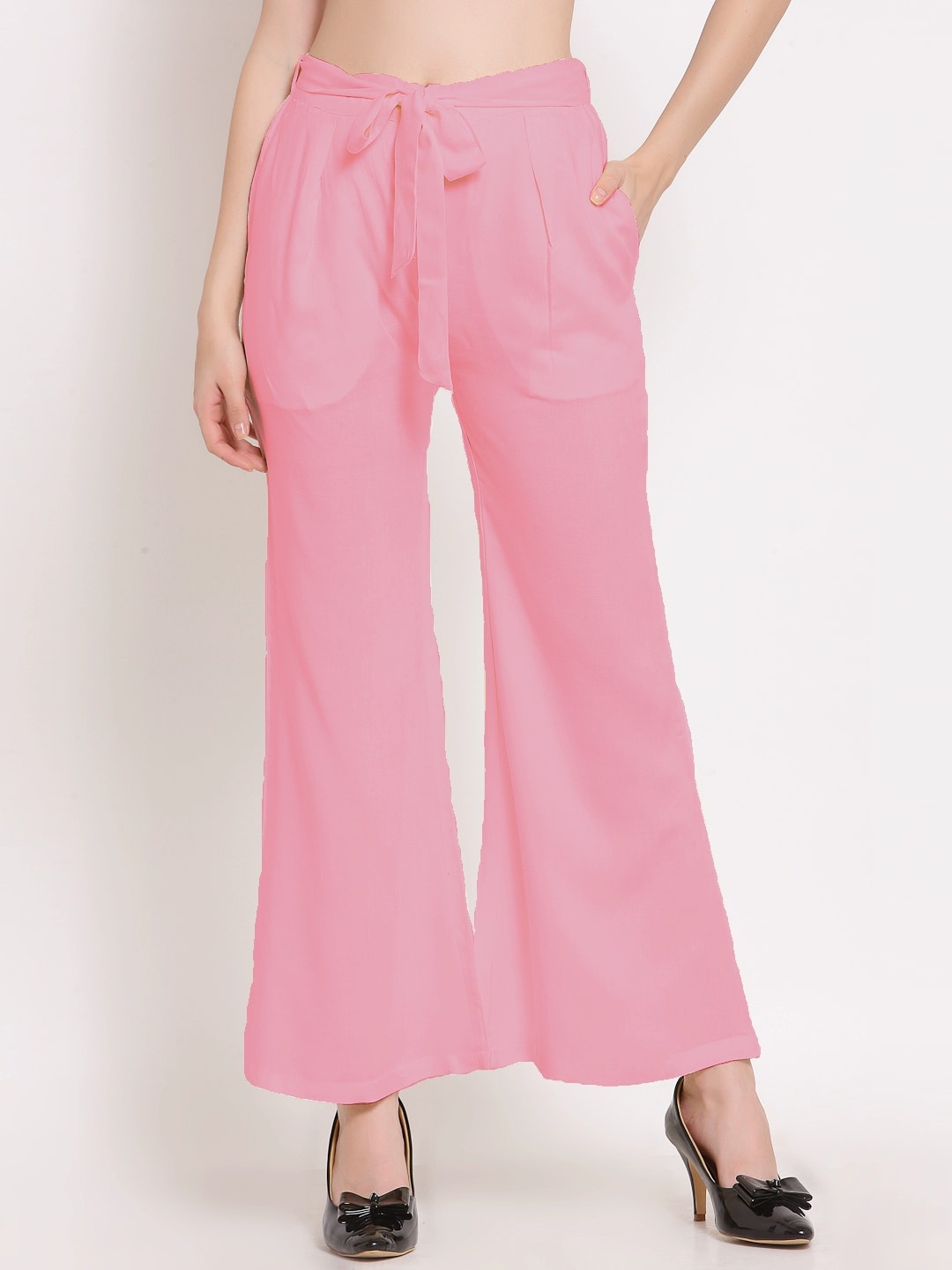 

PATRORNA Women Smart Tapered Fit Pleated Bootcut Trousers, Pink