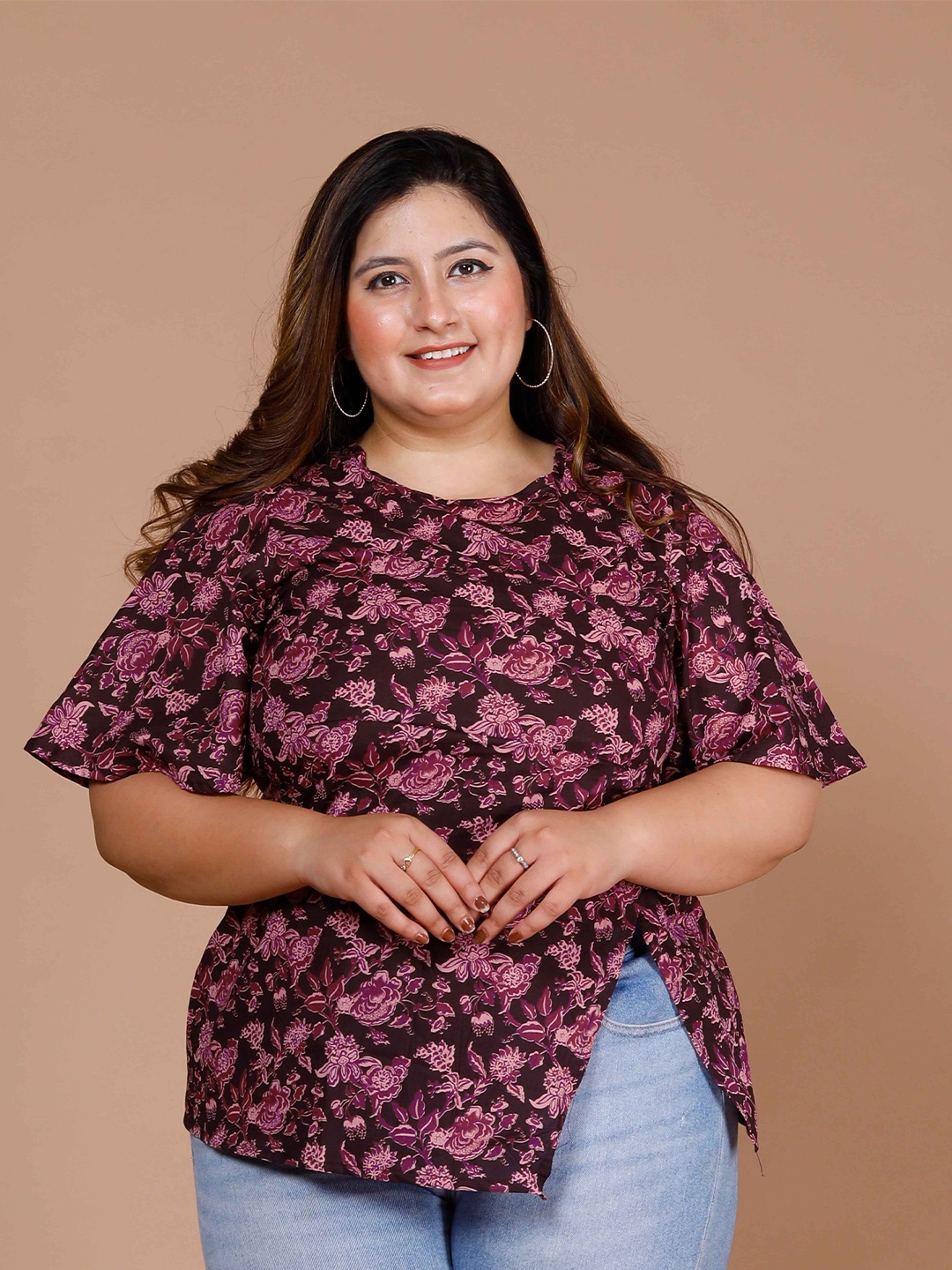 

MIRAVAN Plus Size Floral Printed Flared Sleeves Pure Cotton Top, Maroon