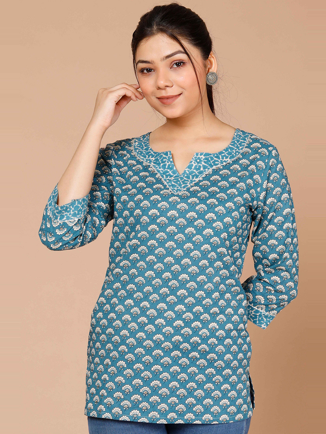 

MIRAVAN Floral Printed Pure Cotton Top, Blue