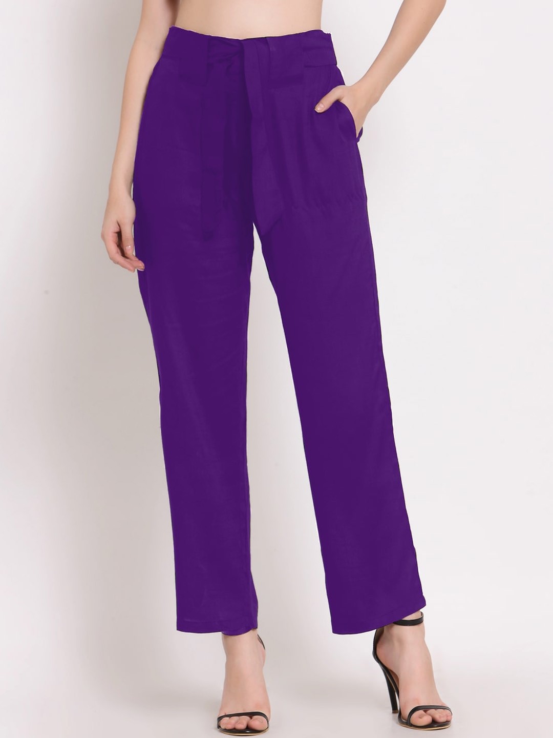 

PATRORNA Women Smart Straight Fit Culotte Straight Fit Trousers With Belt, Purple