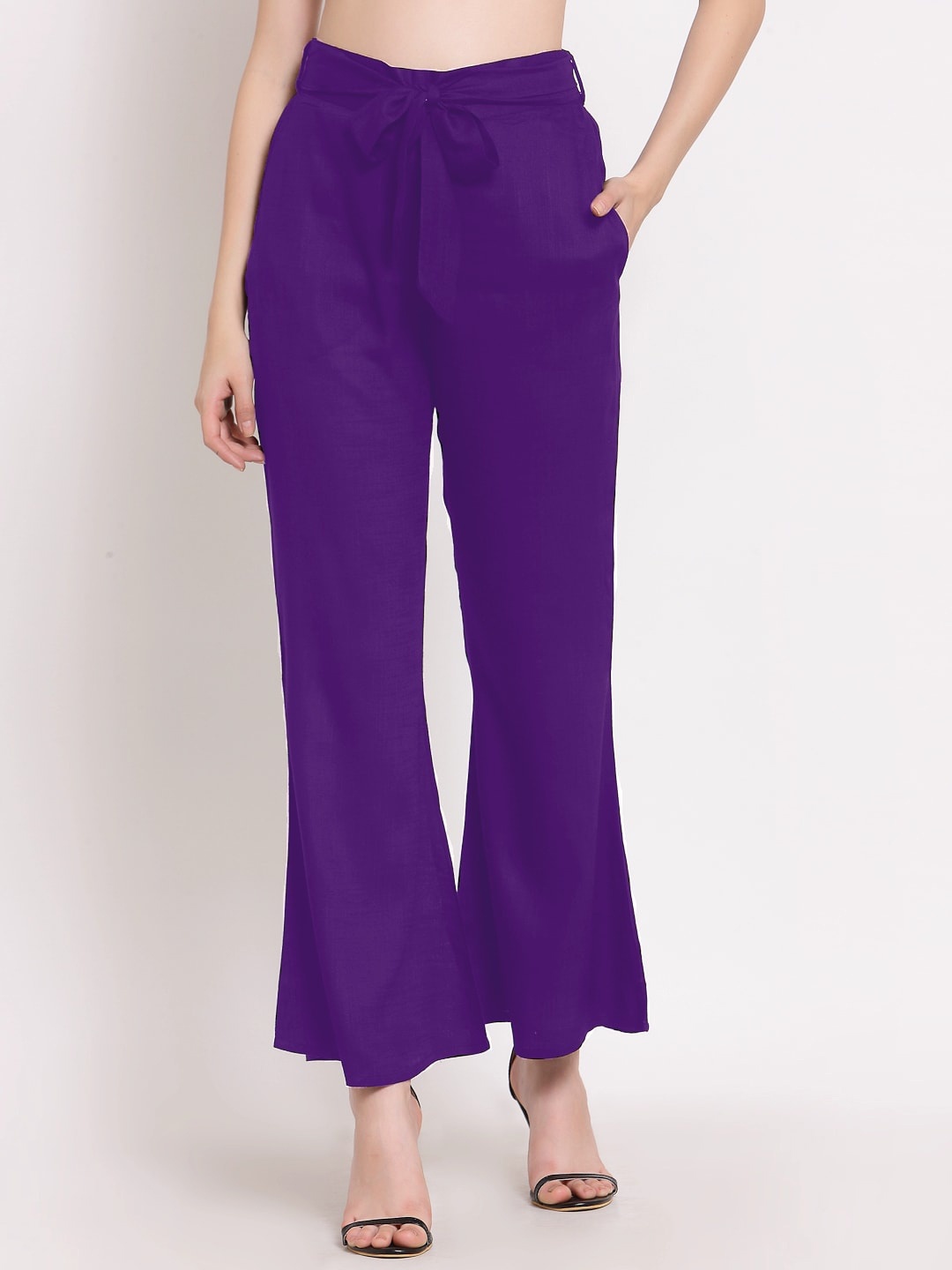 

PATRORNA Women Smart Regular Fit Bootcut Trousers With Belt, Purple