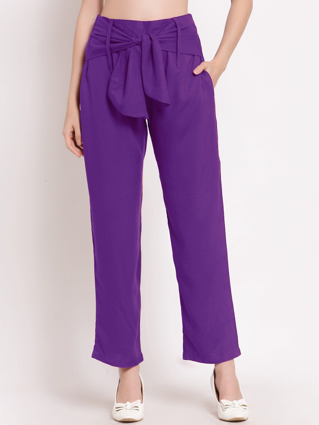 

PATRORNA Women Relaxed Fit Smart Pleated Trousers With Belt, Purple