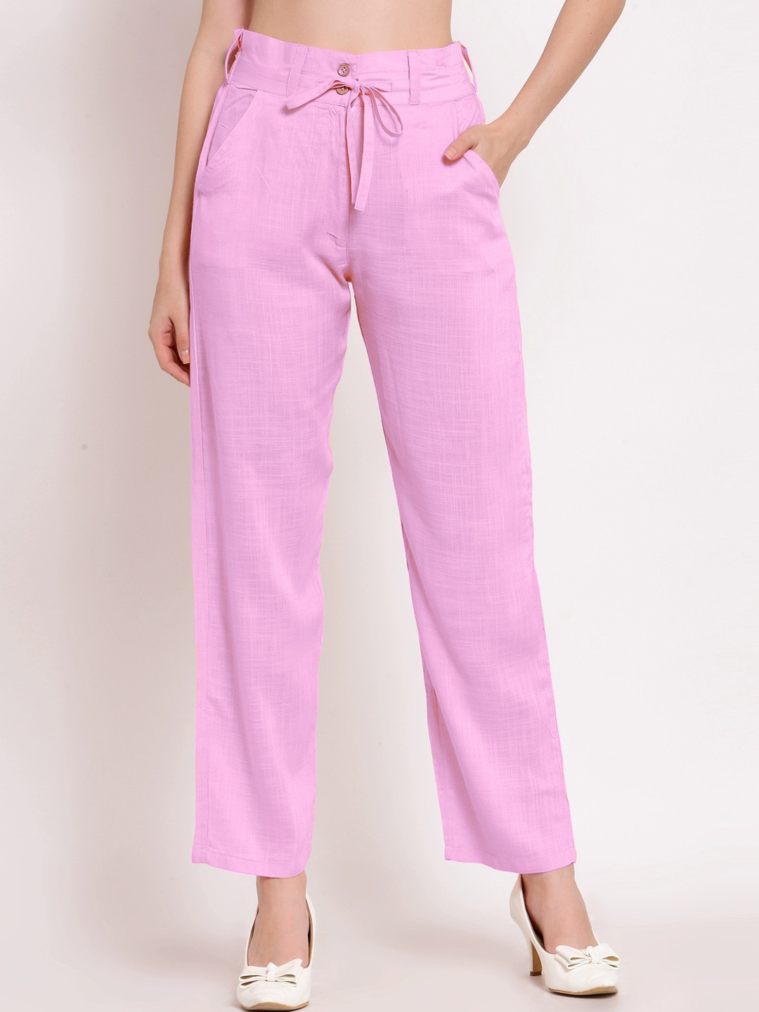 

PATRORNA Women Regular Fit Smart Cigerette Trousers With Belt, Pink