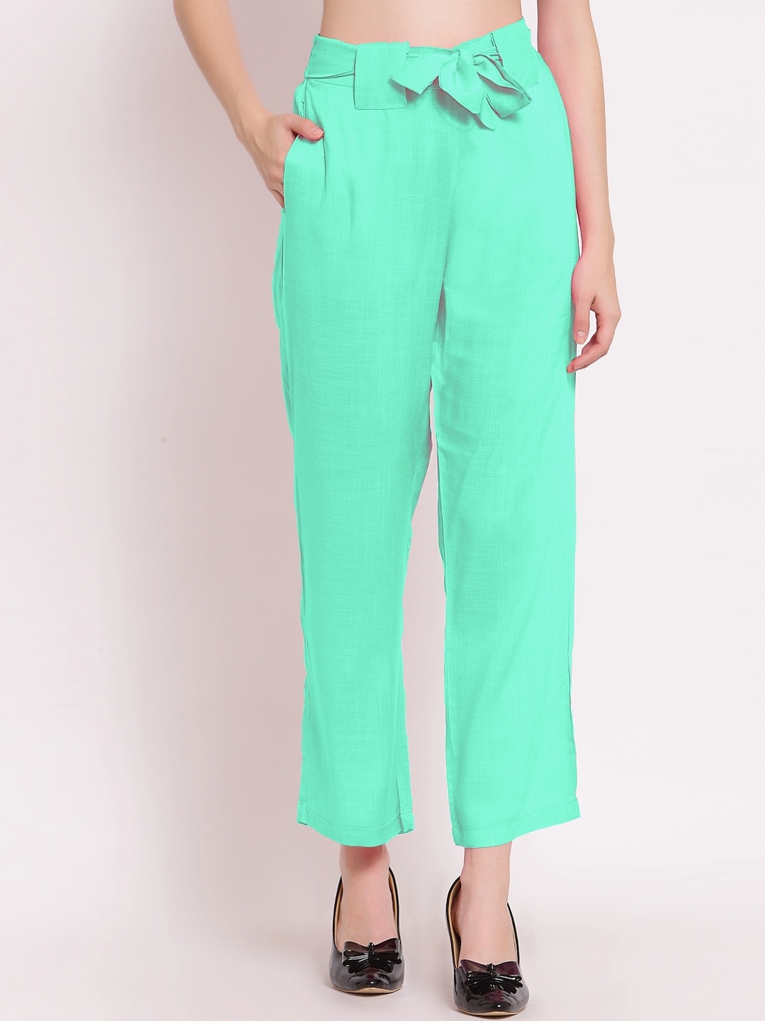 

PATRORNA Women Smart Straight Fit Pleated Trousers, Green